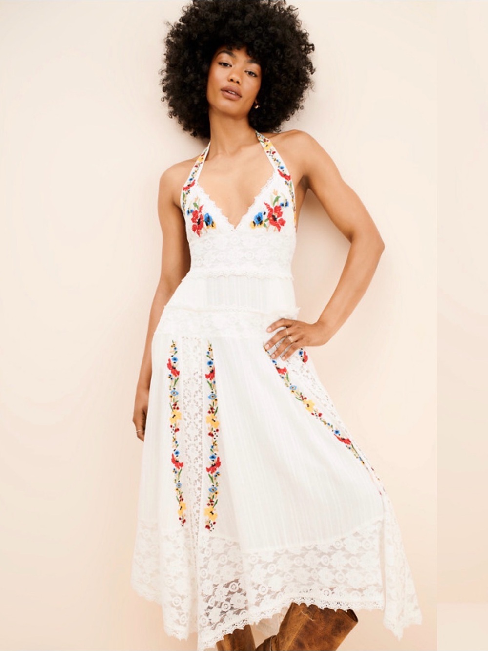 Free People Keila Midi Dress embroidery and lace halter dress - Picture 1 of 16